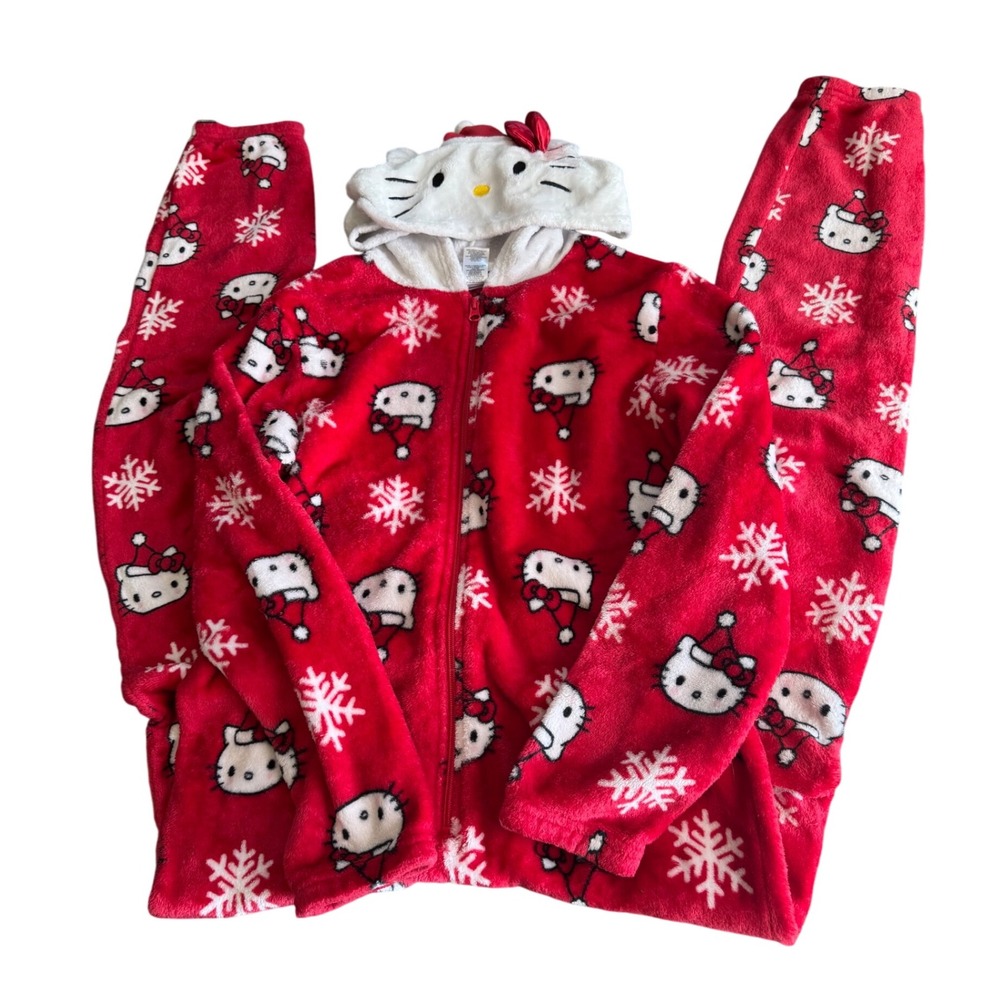 Hello Kitty by Sanrio Red Fleece Xmas‎ Snowflake Pajamas Onesie Sleepwear Medium
